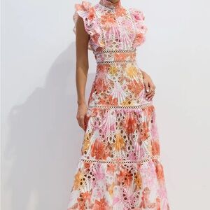 Elegant Floral Lace Maxi Dress - Pink and Orange